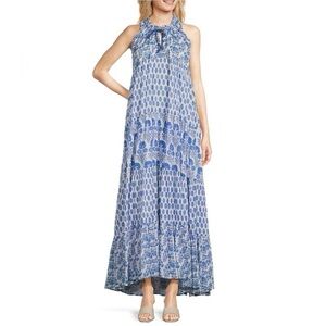Ro’s Garden Blue Patterned Halter Maxi Dress medium
